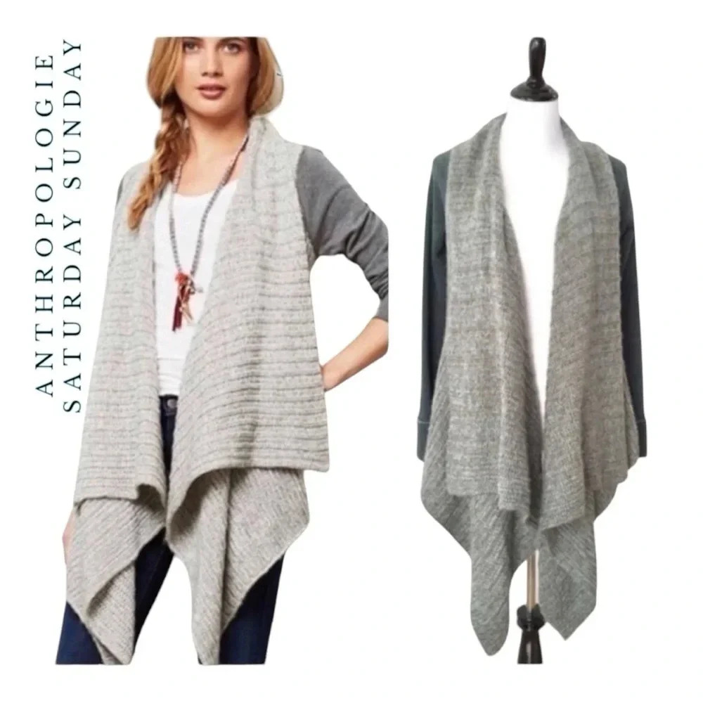 1631. ANTHROPOLOGIE SATURDAY SUNDAY KNITTED CARDIGAN OPEN FRONT GRAY IN COLOR